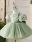 Chic / Beautiful Sage Green Lace Flower Sequins Bow Birthday Short Flower Girl Dresses 2024 Ball Gown Scoop Neck Puffy Short Sleeve