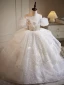 Charming White Beading Sequins Pearl Rhinestone Cascading Ruffles Flower Girl Dresses 2023 Ball Gown Scoop Neck Short Sleeve Sweep Train Birthday Flower Girl Dresses