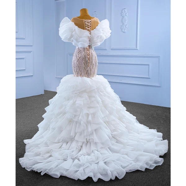 Luxury / Gorgeous White Beading Sequins Cascading Ruffles Wedding Dresses 2022 Trumpet / Mermaid Scoop Neck Short Sleeve Court Train Wedding