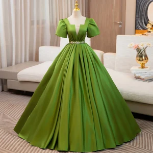 Elegante Groen Rhinestone Gordel Galajurken 2024 Baljurk Vierkante Halslijn Korte Mouwen Ruglooze Lange Gala Gelegenheid Jurken