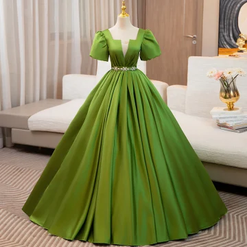 Elegante Groen Rhinestone Gordel Galajurken 2024 Baljurk Vierkante Halslijn Korte Mouwen Ruglooze Lange Gala Gelegenheid Jurken