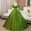 Elegant Green Rhinestone Sash Prom Dresses 2024 Ball Gown Square Neckline Short Sleeve Backless Floor-Length / Long Prom Formal Dresses