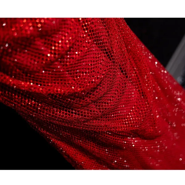 Sexy Red Glitter Evening Dresses 2025 Trumpet / Mermaid Off-The-Shoulder Short Sleeve Backless Floor-Length / Long Evening Party Formal Dresses