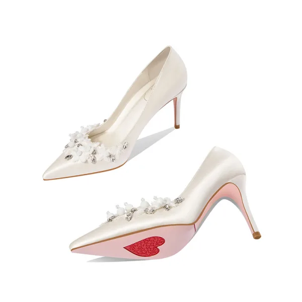 Elegant Ivory Leather Beading Rhinestone Wedding Shoes 2022 8 cm Stiletto Heels Pointed Toe Wedding Pumps High Heels