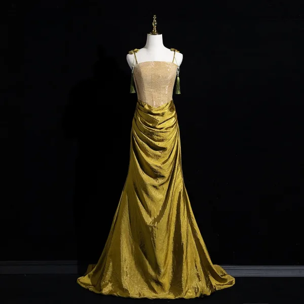 Élégant Armée Verte Trompette / Sirène Robe De Bal 2026 Bretelles Spaghetti Manches Courtes Dos Nu Train De Balayage Promo Robe De Ceremonie