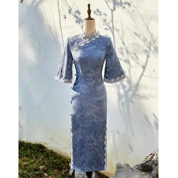 Vintage Chinese Stijl Hemelsblauw Kant Bloem Zomer Straatkleding Cheongsam 2024 Trompet Zeemeermin Hoge Kraag 1 2 Mouwen Tea Length