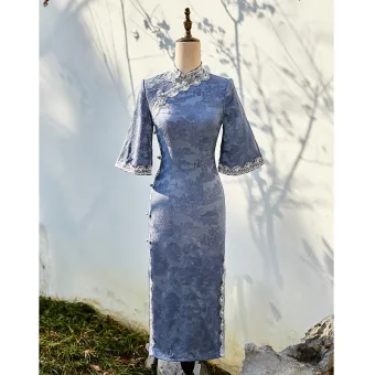 Vintage Estilo Chino Azul Cielo Con Encaje Flor Verano Ropa De Calle Cheongsam 2024 Trumpet Mermaid Cuello Alto 1 2 Ærmer Té De Longitud