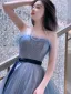Chic / Beautiful Ocean Blue Glitter Bow Sash Prom Dresses 2025 A-Line / Princess Strapless Sleeveless Backless Floor-Length / Long Prom Formal Dresses