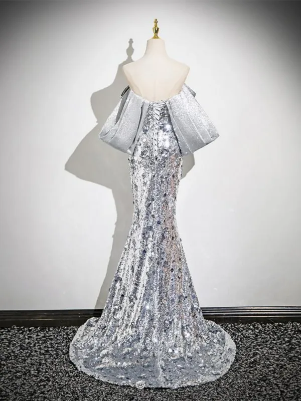 Scintillantes Argenté Paillettes Robe De Soirée 2025 Trompette / Sirène De l'épaule Sans Manches Dos Nu Train De Balayage Soirée Robe De Ceremonie