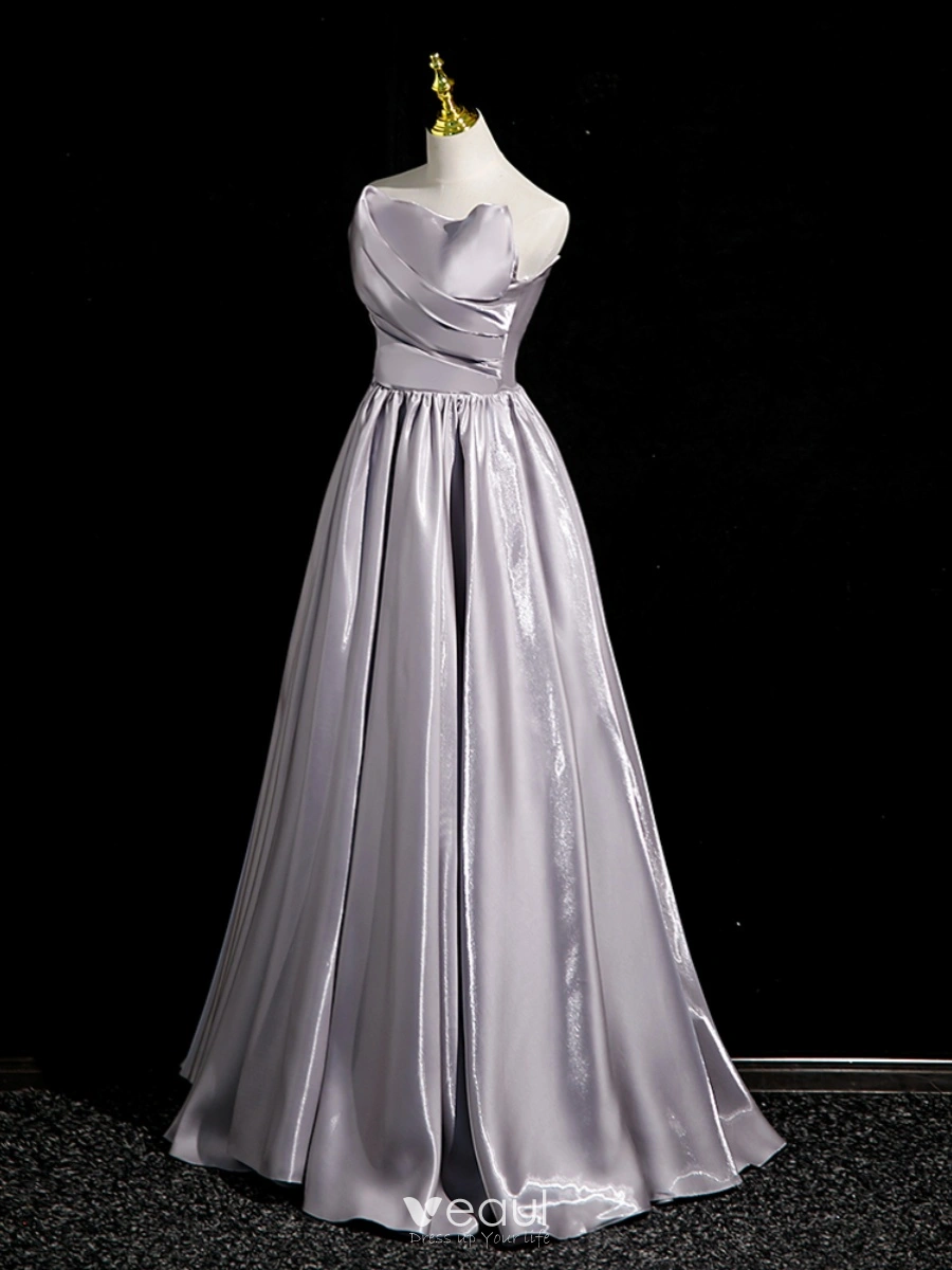 Modest / Simple Grey Satin Evening Dresses 2023 A-Line / Princess Strapless  Sleeveless Backless Floor-Length / Long Evening Party Formal Dresses