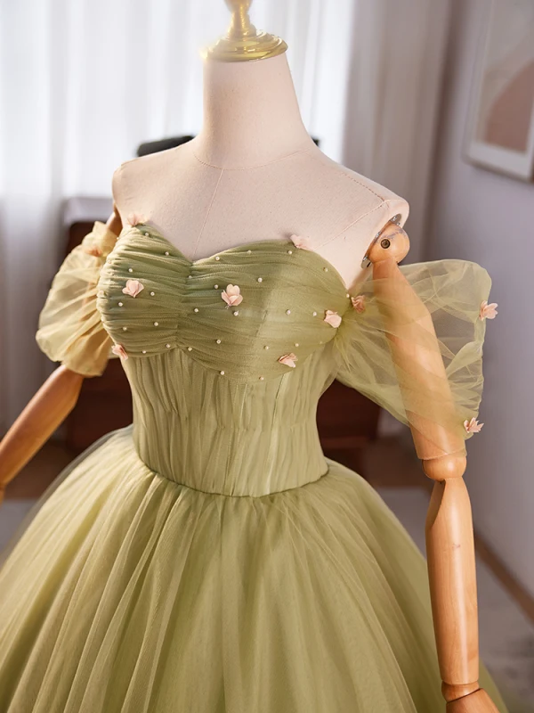 Modest / Simple Sage Green Appliques Prom Dresses 2024 Ball Gown Off-The-Shoulder Short Sleeve Backless Sweep Train Prom Formal Dresses