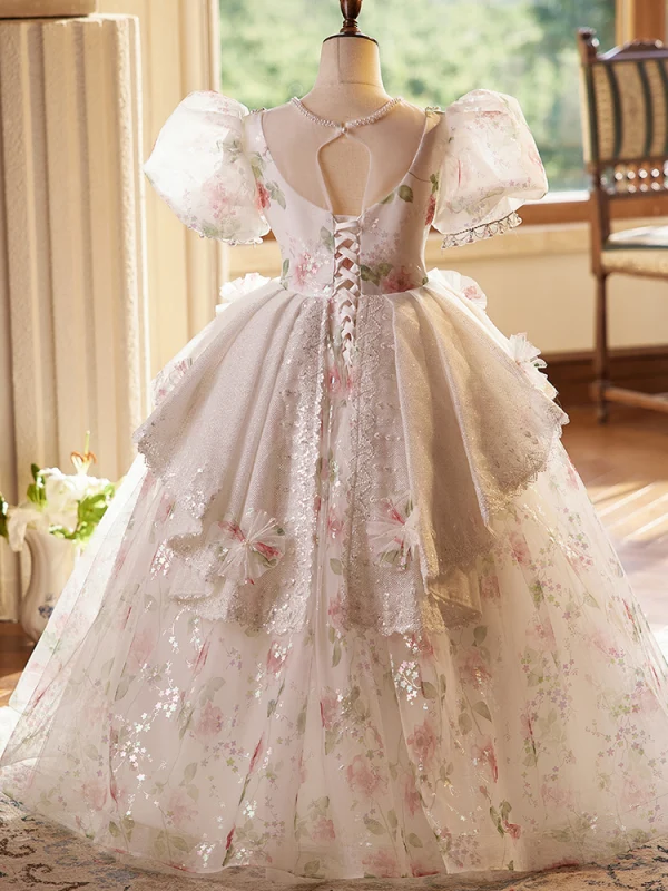 Chic / Beautiful Blushing Pink Beading Pearl Printing Birthday Flower Girl Dresses 2024 Ball Gown Scoop Neck Puffy Short Sleeve Backless Floor-Length / Long