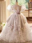 Chic / Beautiful Blushing Pink Beading Pearl Printing Birthday Flower Girl Dresses 2024 Ball Gown Scoop Neck Puffy Short Sleeve Backless Floor-Length / Long