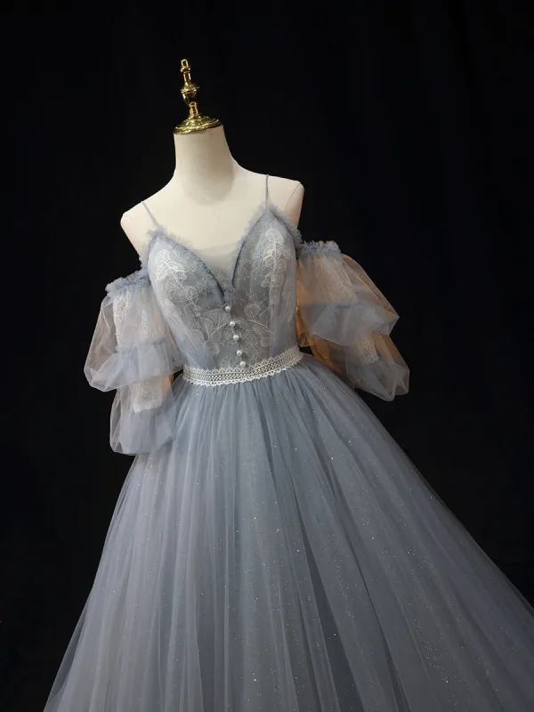 Charming Sky Blue Lace Flower Pleated Prom Dresses 2024 Ball Gown Spaghetti Straps Short Sleeve Backless Floor-Length / Long Formal Dresses