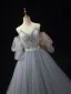 Charming Sky Blue Lace Flower Pleated Prom Dresses 2024 Ball Gown Spaghetti Straps Short Sleeve Backless Floor-Length / Long Formal Dresses