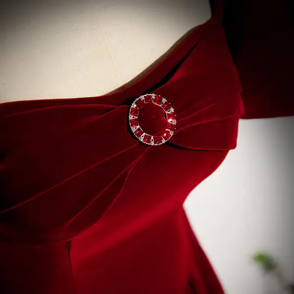 Classy Burgundy Suede Prom Dresses 2022 A-Line / Princess Square Neckline Rhinestone Puffy Short Sleeve Backless Floor-Length / Long Prom Formal Dresses