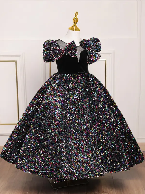 Sparkly Multi-Colors Sequins Birthday Black Flower Girl Dresses 2022 Ball Gown Scoop Neck Puffy Short Sleeve Backless Floor-Length / Long Flower Girl Dresses
