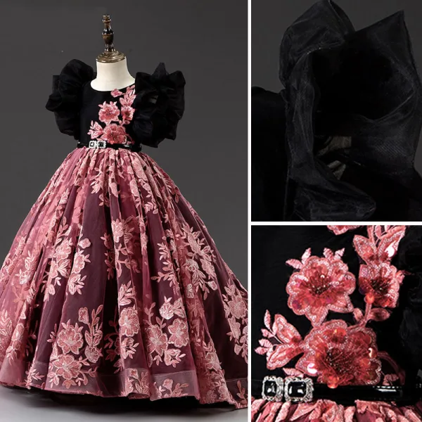 Vintage / Originale Bordeaux Paillettes En Dentelle Fleur Promo Robe Ceremonie Fille 2022 Robe Boule Encolure Dégagée Gonflée Manches Courtes Noeud Ceinture Tribunal Train Robe Ceremonie Fille