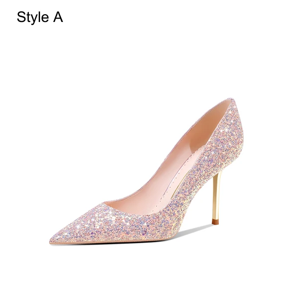 Glitzernden Rosa Pailletten Leder Brautschuhe 2024 8 cm Stilettos Spitzschuh Hochzeit Pumps Hochhackige