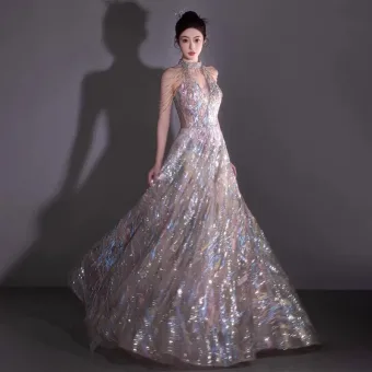 Scintillantes Bleu Ciel Perlage Paillettes Robe De Soirée 2023 Princesse Titulaire Sans Manches Dos Nu Longue Soirée Robe De Ceremonie