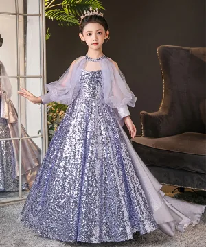 Scintillantes Lavande Noeud Paillettes Anniversaire Robe Ceremonie Fille 2025 Robe Boule Col Haut Manches Longues Train De Balayage