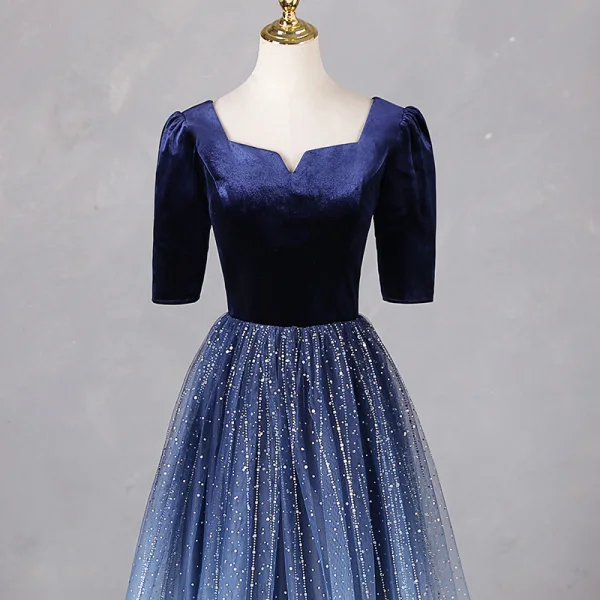 Vintage / Retro Navy Blue Beading Sequins Prom Dresses 2024 A-Line / Princess Square Neckline Short Sleeve Backless Floor-Length / Long Prom Formal Dresses
