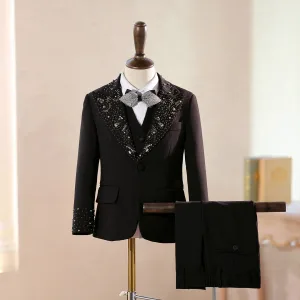 Mode Noire Perlage Faux Diamant 5 Pièces Manches Longues Costume Garçon Mariage 2025 Manteau Pantalon Chemise Cravate Gilet