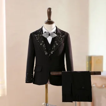 Fashion Black Beading Rhinestone 5 Piece Long Sleeve Boys Wedding Suits 2025 Coat Pants Shirt Tie Vest