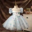 Élégant Bleu Ciel Appliques Perle Paillettes Promo Robe Ceremonie Fille 2022 Robe Boule Encolure Dégagée En Dentelle Gonflée Manches Courtes Longue Robe Ceremonie Fille