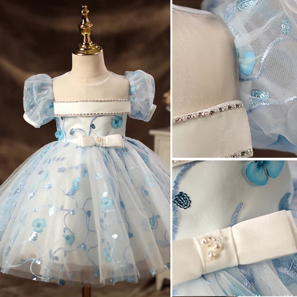 Élégant Bleu Ciel Appliques Perle Paillettes Promo Robe Ceremonie Fille 2022 Robe Boule Encolure Dégagée En Dentelle Gonflée Manches Courtes Longue Robe Ceremonie Fille