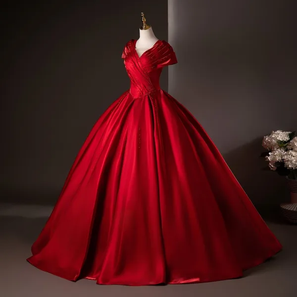 Chic / Beautiful Red Beading Prom Dresses 2025 Ball Gown V-Neck Short Sleeve Backless Floor-Length / Long Formal Dresses