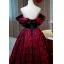 Vintage / Retro Burgundy Printing Prom Dresses 2022 A-Line / Princess Off-The-Shoulder Puffy Short Sleeve Backless Floor-Length / Long Formal Dresses