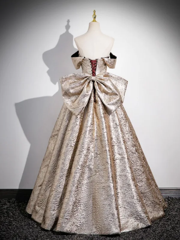 Elegant Gold Sequins Prom Dresses 2024 Ball Gown Strapless Sleeveless Backless Bow Floor-Length / Long Prom Formal Dresses