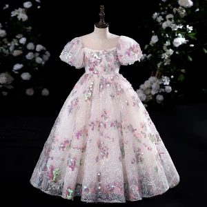 Chic Belle Rougissant Rose Promo Robe Ceremonie Fille Robe Boule 2022 Encolure Dégagée Perlage Multi Couleurs Paillettes Gonflée Manches Courtes Longue Robe Ceremonie Fille