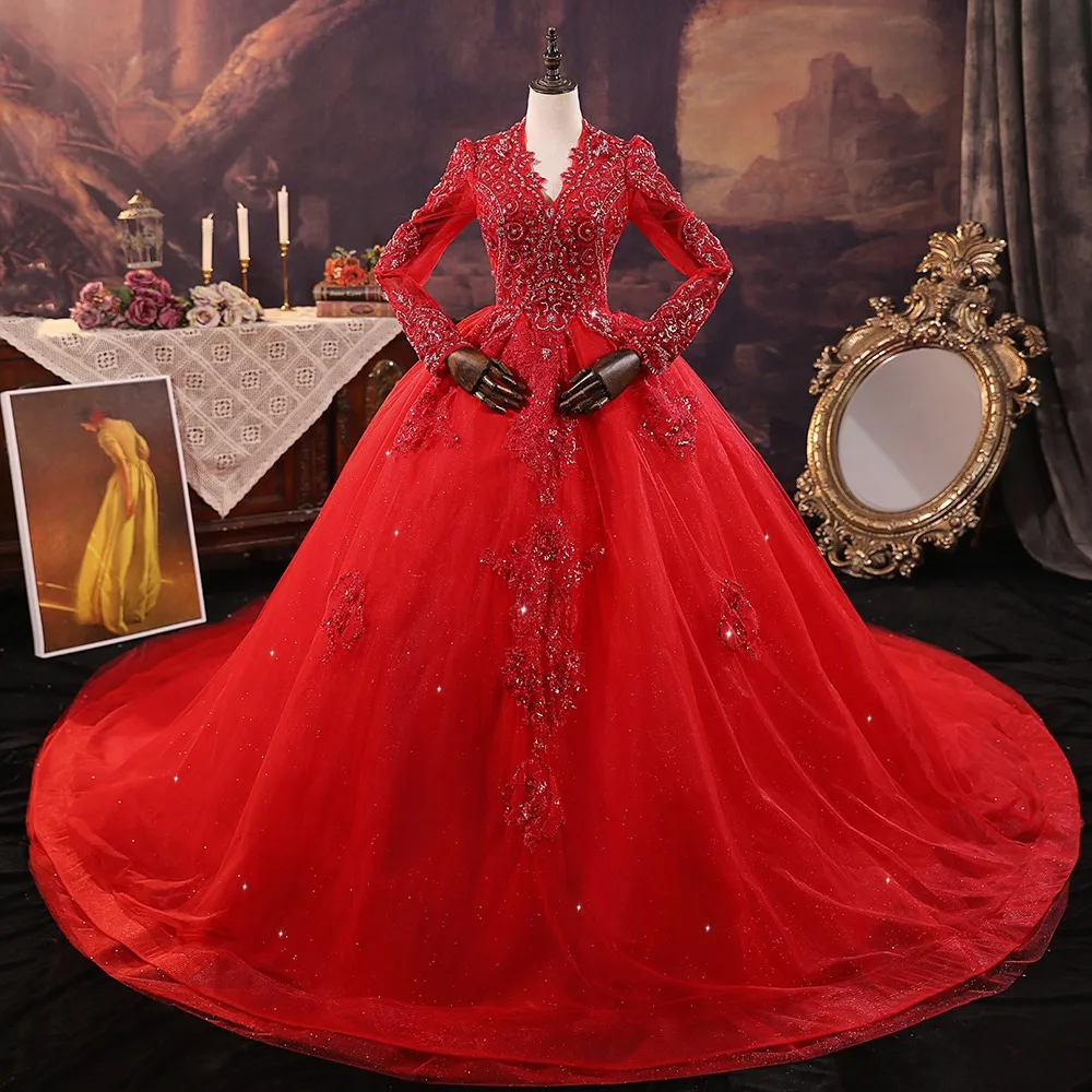 fitted lace wedding dress Red Tulle Ball Gown Prom Dress With Appliques, Sweet 16 Dress, Quincea –  Simidress main image 1