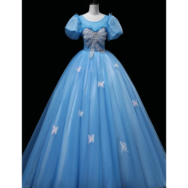 Chic / Beautiful Sky Blue Glitter Prom Dresses 2023 Ball Gown Scoop Neck Sequins Butterfly Beading Pearl Puffy Short Sleeve Backless Floor-Length / Long Prom