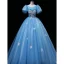 Chic / Beautiful Sky Blue Glitter Prom Dresses 2023 Ball Gown Scoop Neck Sequins Butterfly Beading Pearl Puffy Short Sleeve Backless Floor-Length / Long Prom