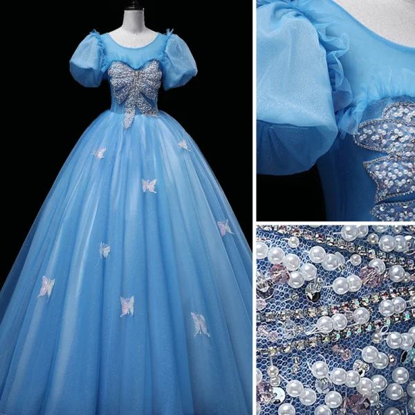 Chic / Beautiful Sky Blue Glitter Prom Dresses 2023 Ball Gown Scoop Neck Sequins Butterfly Beading Pearl Puffy Short Sleeve Backless Floor-Length / Long Prom