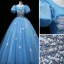 Chic / Beautiful Sky Blue Glitter Prom Dresses 2023 Ball Gown Scoop Neck Sequins Butterfly Beading Pearl Puffy Short Sleeve Backless Floor-Length / Long Prom