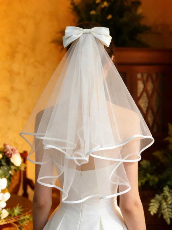 Modest / Simple White Bow Wedding Veils 2026 Tulle