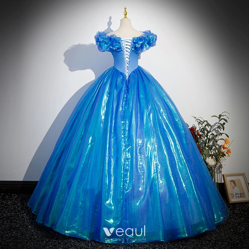 Cinderella Chic / Beautiful Pool Blue Butterfly Appliques Prom Dresses 2023  Ball Gown Ruffle Off-The-Shoulder Short Sleeve Backless Floor-Length / Long  Prom Formal Dresses