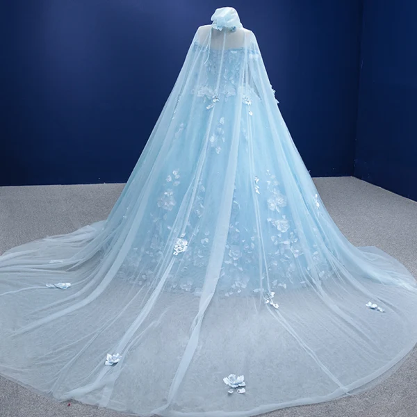 Elegant Pool Blue Pearl Appliques Prom Dresses 2022 Ball Gown Off-The-Shoulder Long Sleeve Backless Floor-Length / Long Formal Dresses