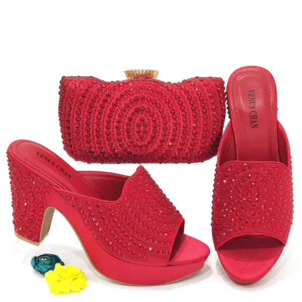 Chic / Beautiful Black Rhinestone Evening Party Womens Sandals Clutch Bags 2023 10 cm Thick Heels Open / Peep Toe Sandals High Heels Clutch Bags