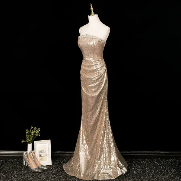 Sexy Glitzernden Champagner Pailletten Abendkleider 2025 Meerjungfrau Bandeau Ärmellos Rückenfreies Lange Abend Festliche Kleider
