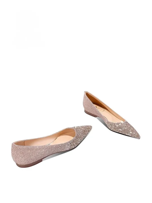 Glitter Champagne Pailletten Leer Platte Bruidsschoenen 2026 Spitse Neus Huwelijk Pumps