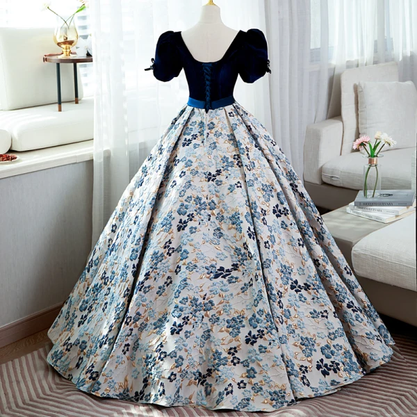 Elegant Navy Blue Floral Prom Dresses 2022 Ball Gown Square Neckline Bow Sash Short Sleeve Backless Floor-Length / Long Prom Formal Dresses