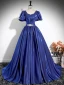 Vintage / Retro Royal Blue Rhinestone Prom Dresses 2024 Ball Gown Square Neckline Puffy Short Sleeve Backless Floor-Length / Long Prom Formal Dresses