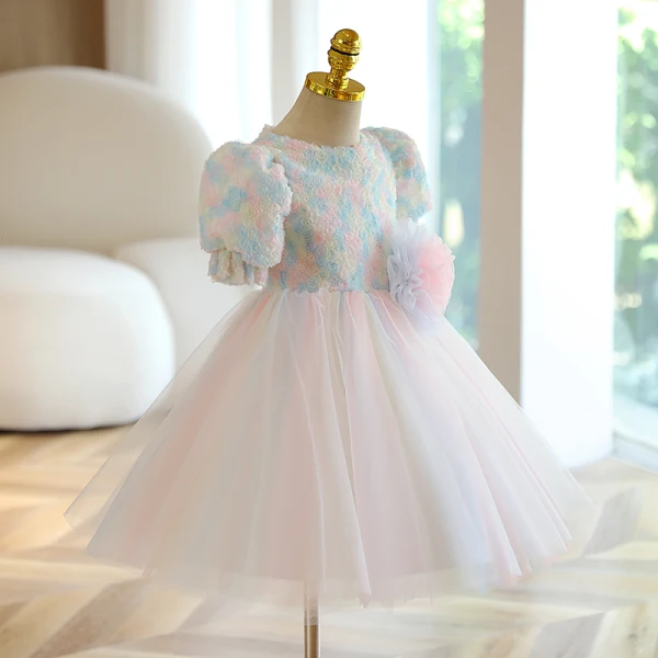 Chic / Beautiful Multi-Colors Birthday Flower Girl Dresses 2022 Ball Gown Scoop Neck Appliques Short Sleeve Short Flower Girl Dresses