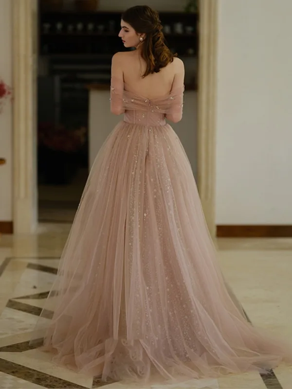 Chic / Beautiful Champagne Sequins Prom Dresses 2025 A-Line / Princess One-Shoulder Short Sleeve Backless Sweep Train Formal Dresses