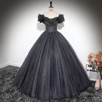 Chic Belle Noire Glitter Robe De Bal 2024 Robe Boule De L Épaule Manches Courtes Dos Nu Longue Promo Robe De Ceremonie
